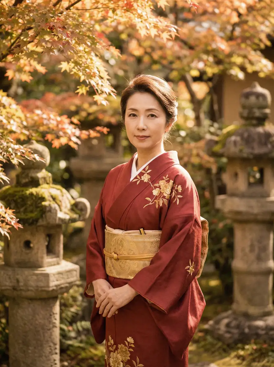 一位身穿暗红色和服的优雅 最近2018年中文字幕高清在线 在日式庭院中